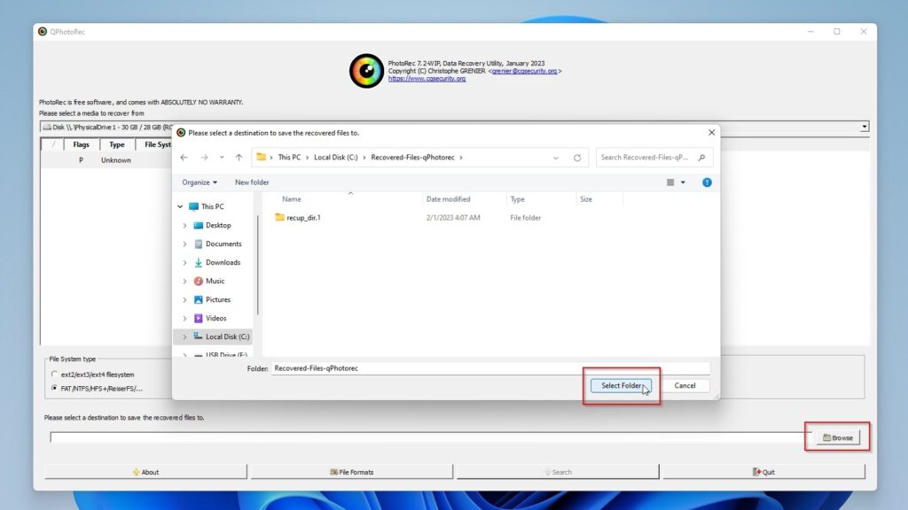 QPhotoRec Select Destination Folder