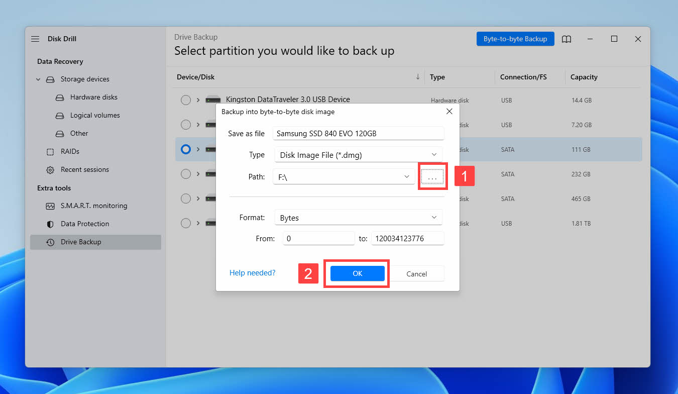 disk drill byte to byte backup destination