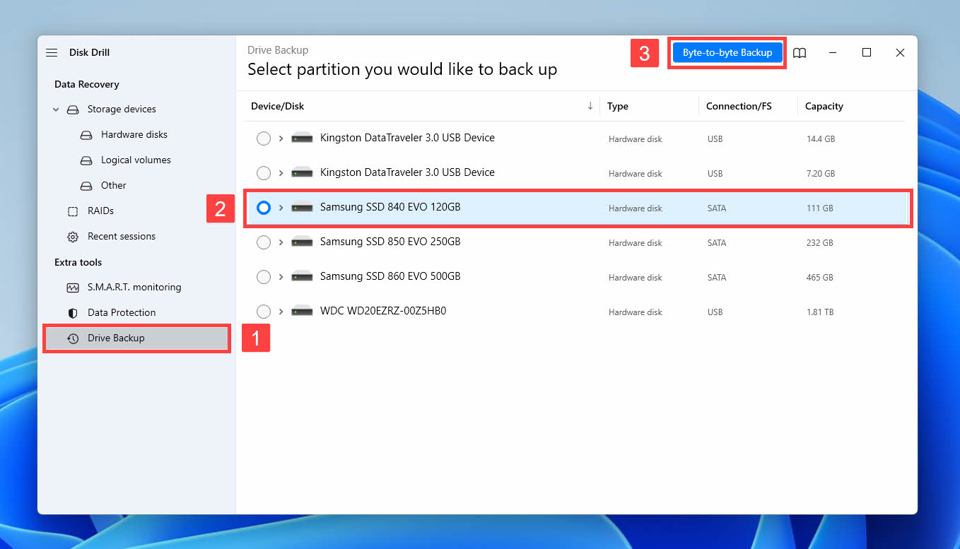 disk drill byte to byte backup start