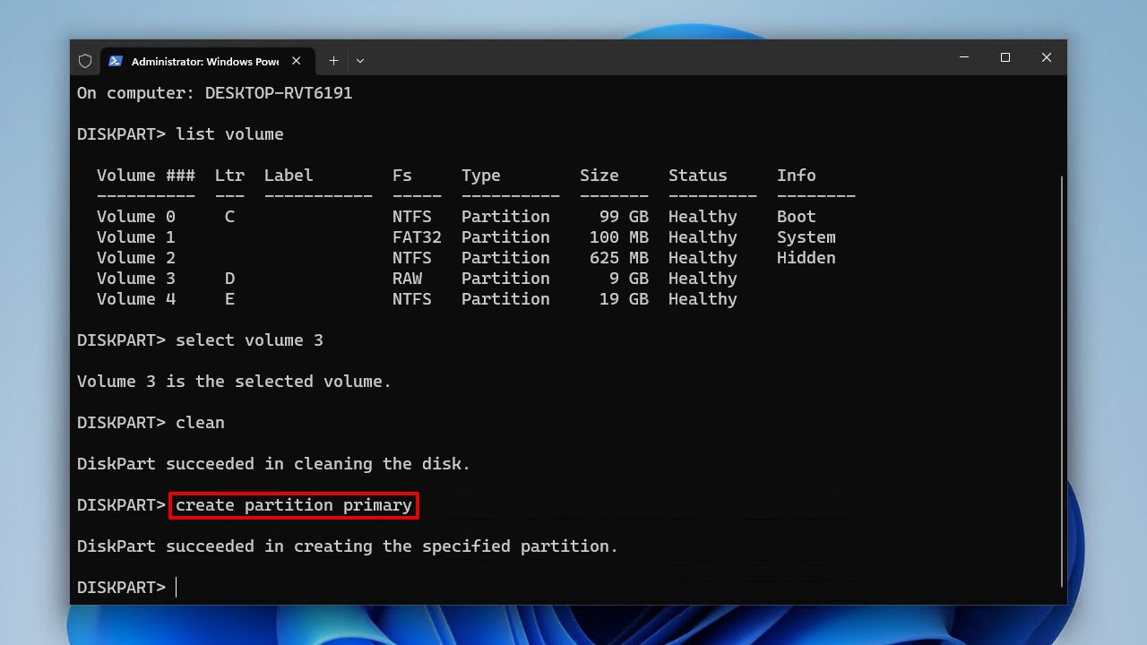 Creating a primary partition.