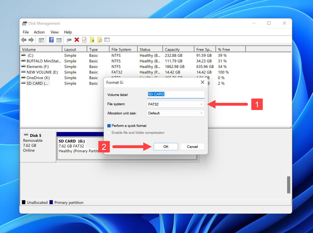 disk management format sd card