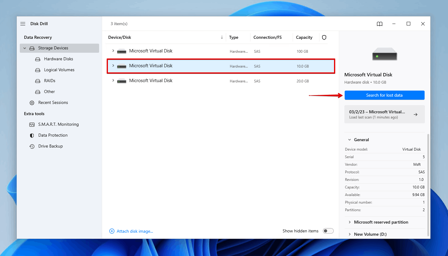 Selecting the hard drive to scan.