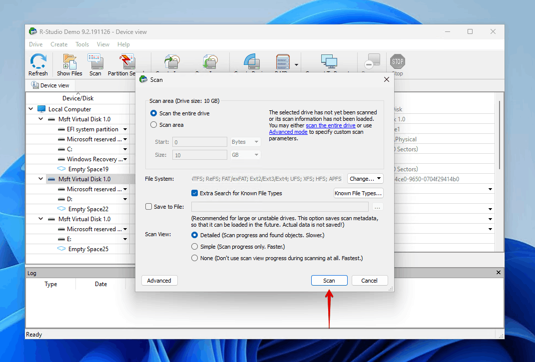 Scanning the hard drive with R-Studio.