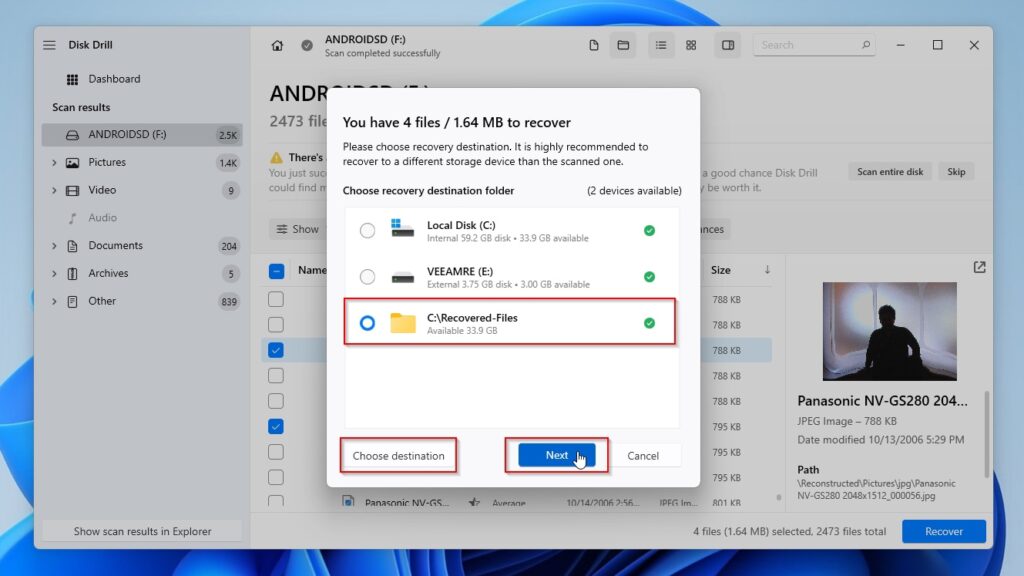 Disk Drill Choose Recovery Destination