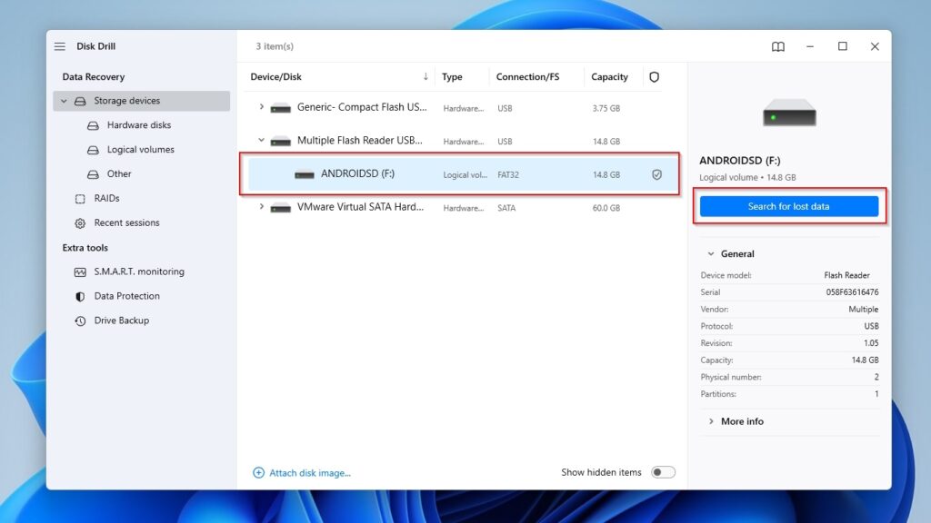 Disk Drill Select SD Card and Scan for Lost Data