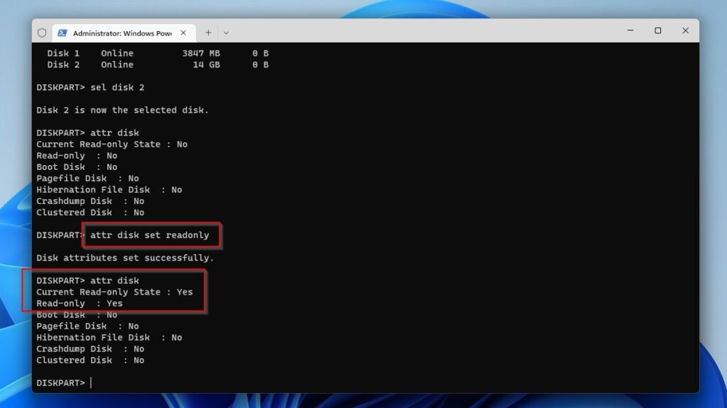 Diskpart Set Read Only