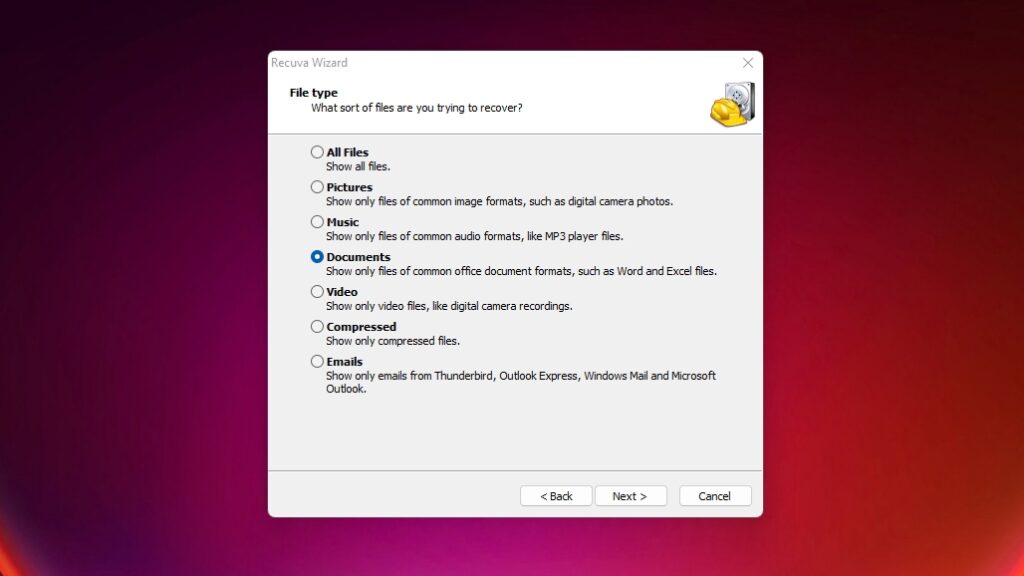 Recuva Wizard File Type Selection