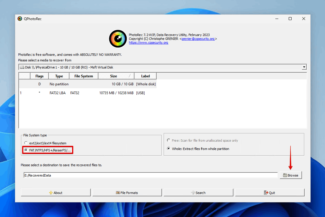 Choosing the file system and output location.