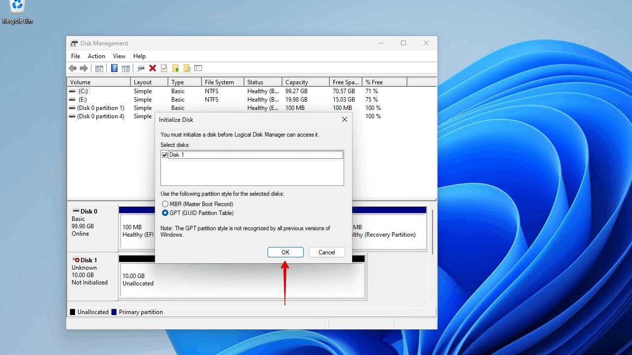 Selecting the partition style.