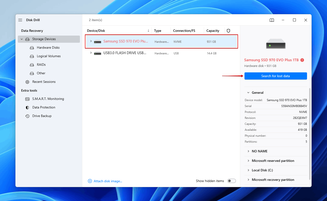 Selecting the formatted SSD in Disk Drill.