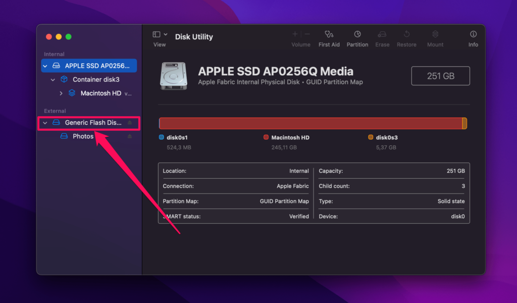 choose your usb drive in disk utility on mac