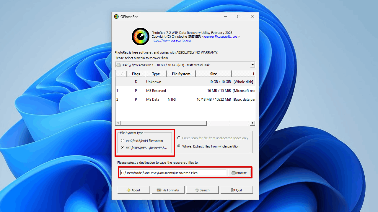 Choosing the file system and output location.