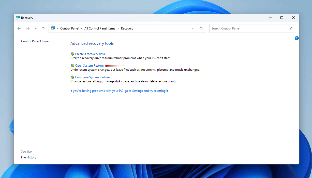 Opening System Restore.