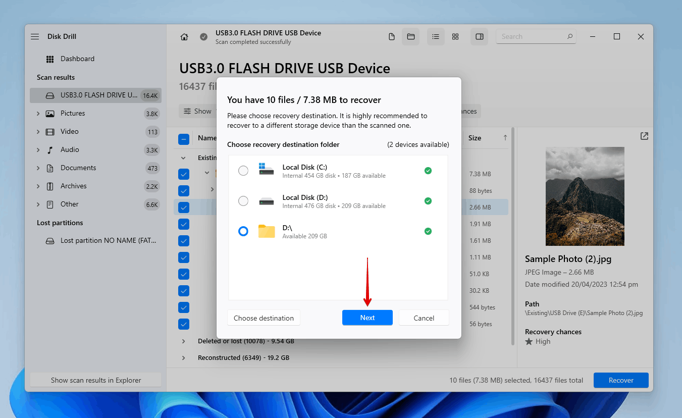 Choosing a recovery location for the hidden USB files.