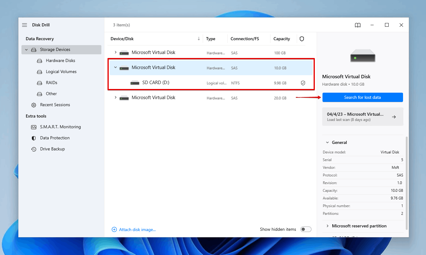 Scanning the SD card with Disk Drill.