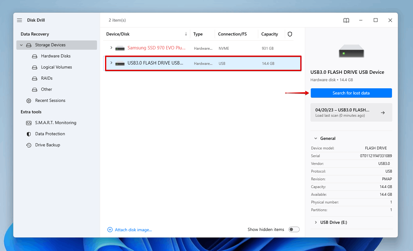 Scanning the USB drive for hidden or lost data.