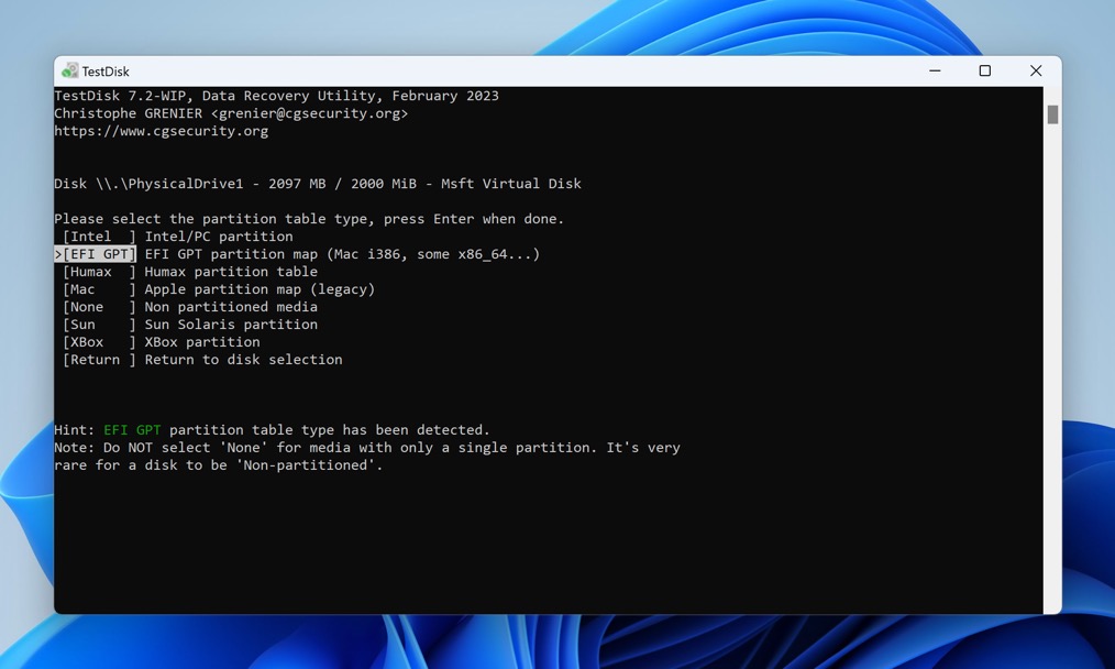 testdisk partition table type