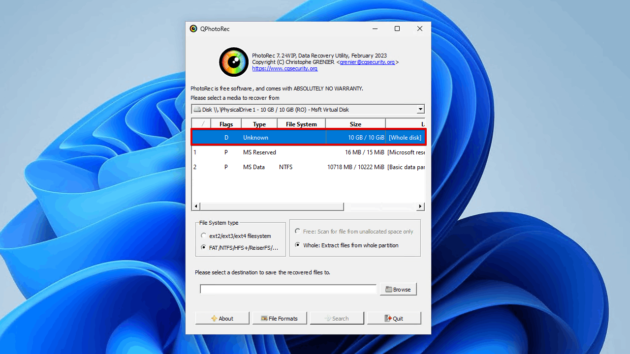 Choosing to scan the entire disk.