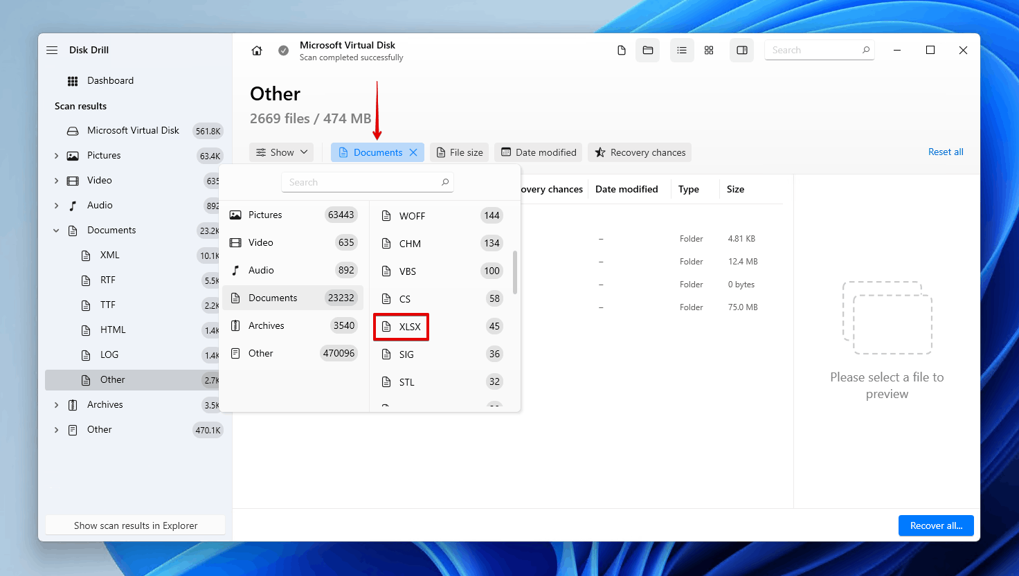 Filtering the Disk Drill search results by Documents.