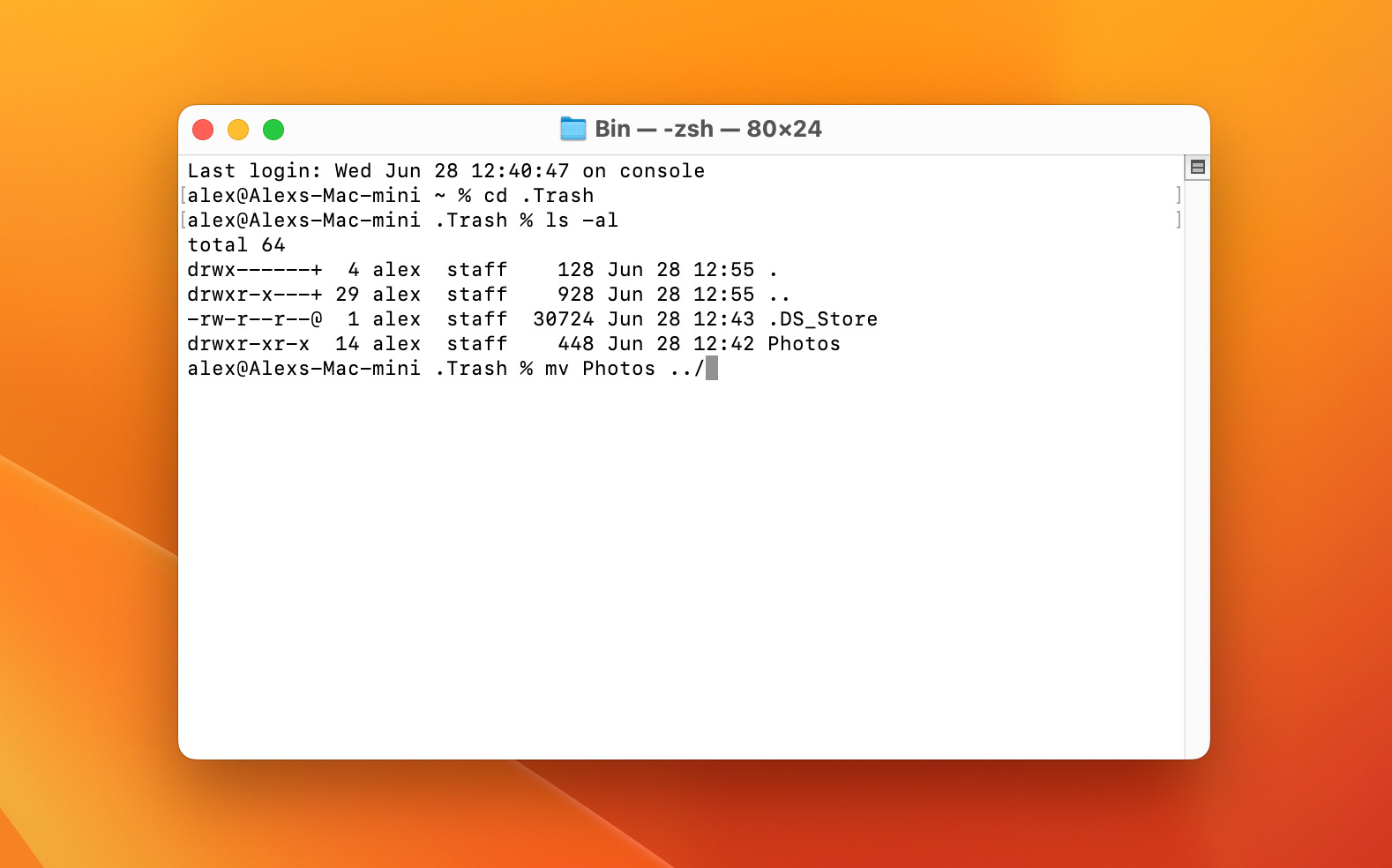 Image showing the process of retrieving a deleted folder from the Trash using Terminal on a Mac