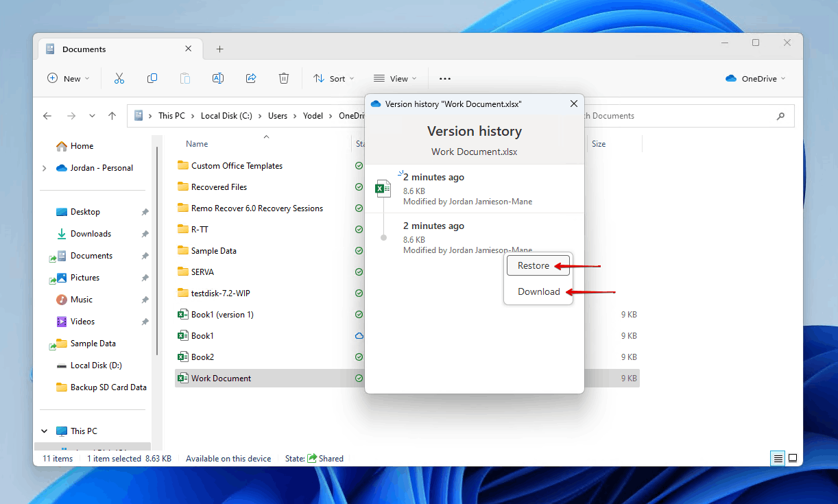 Restoring a previous OneDrive version of the Excel file.