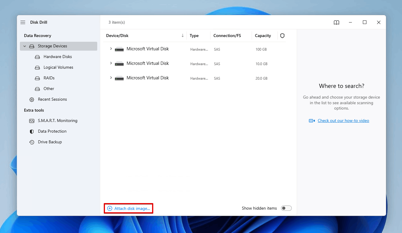 Attaching the disk image to Disk Drill.