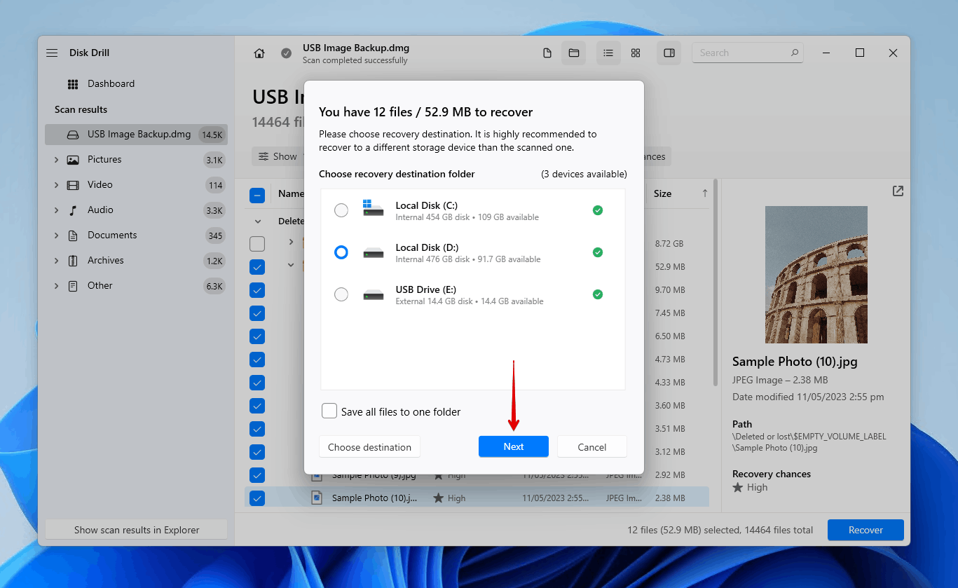 Finishing corrupted USB flash drive recovery.