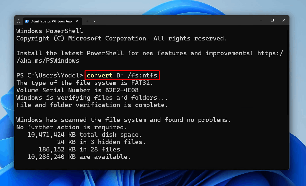 Converting the disk from FAT32 to NTFS.