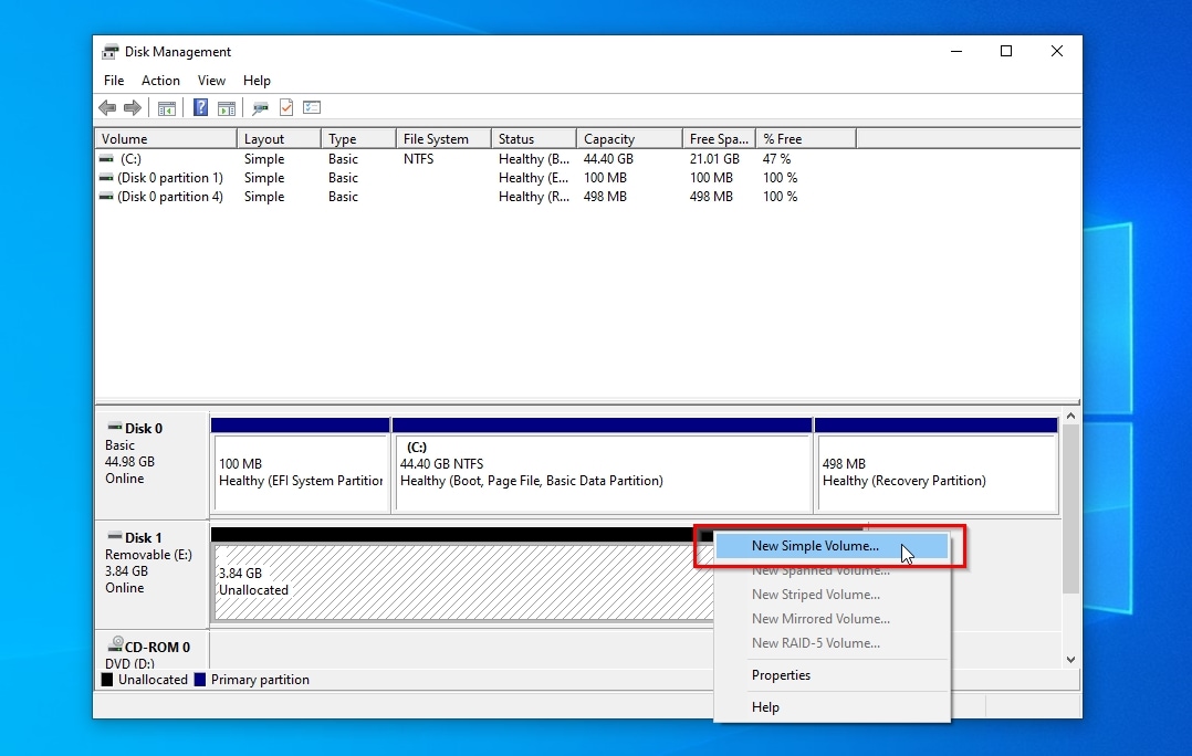 Disk Management New Simple Volume Menu Entry