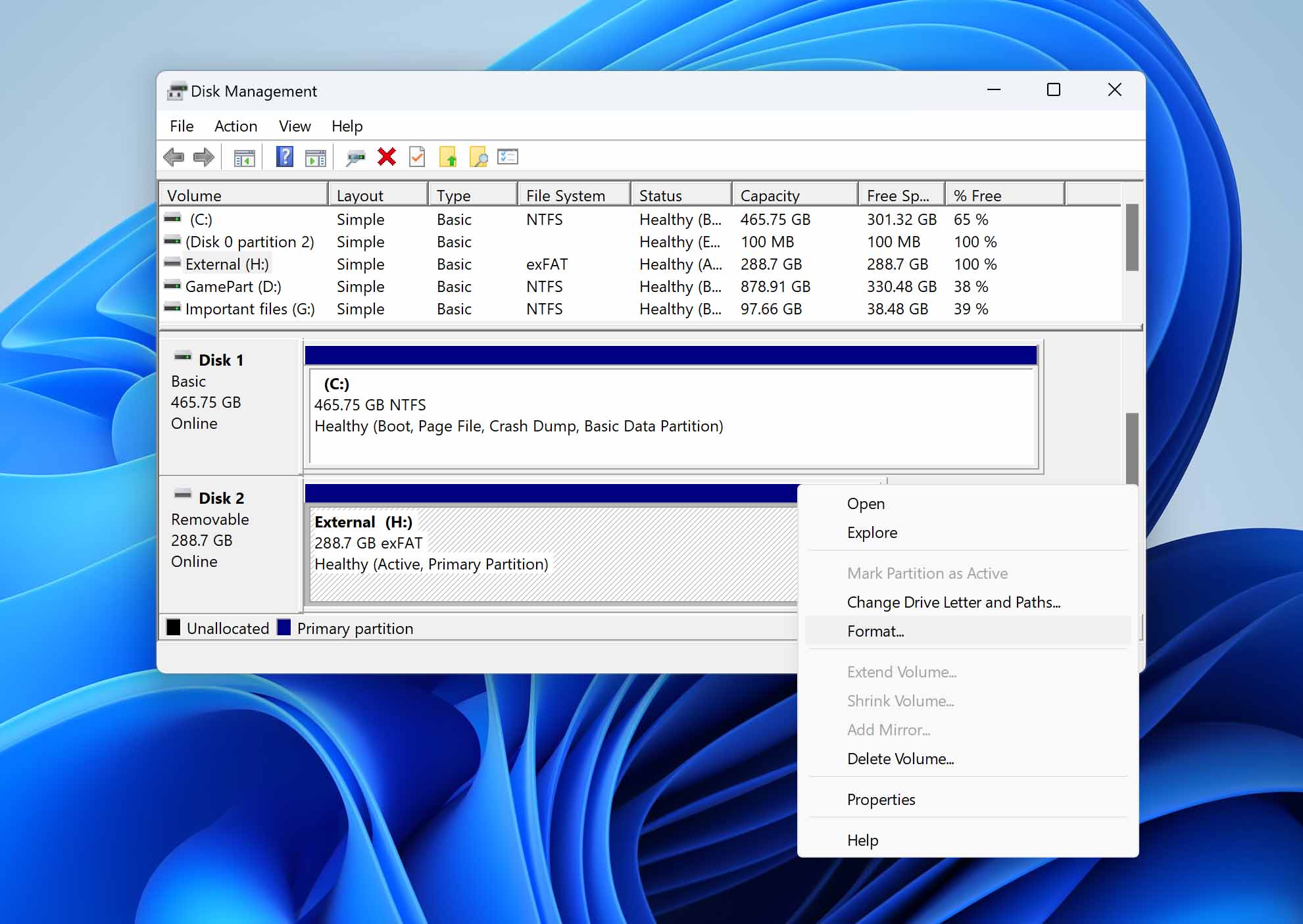 select format option in disk management