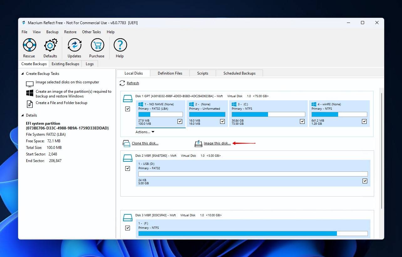 Choosing to create an image of the disk.