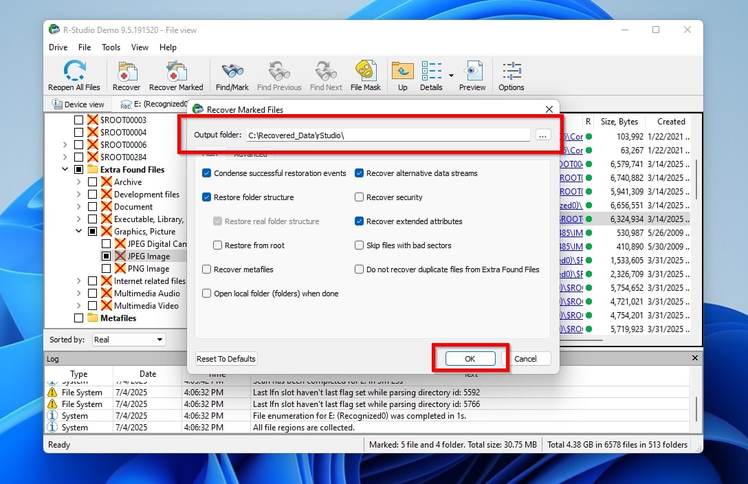 R-Studio Selecting Recovery Destination