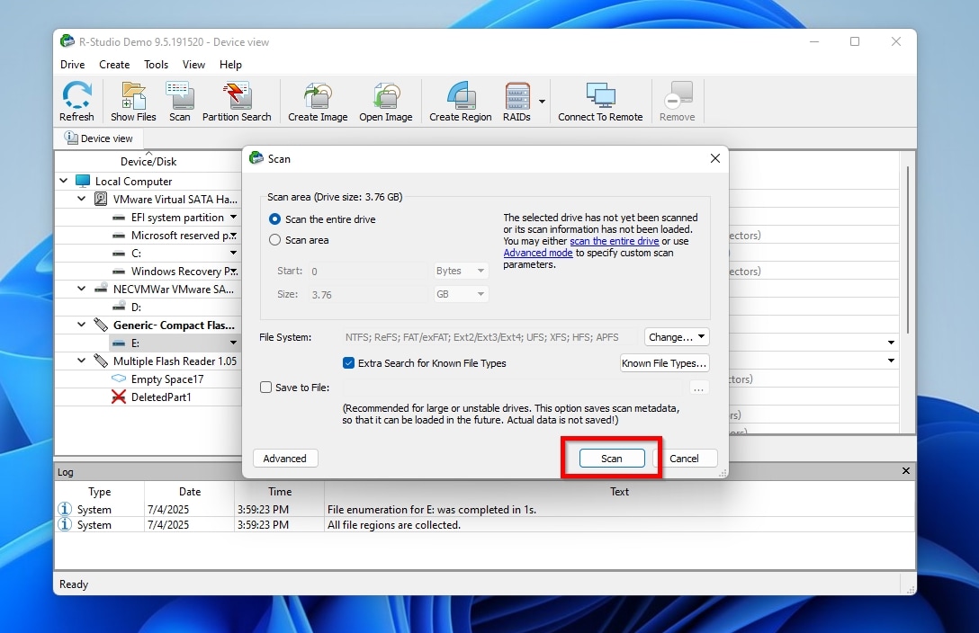 R-Studio Start Scan On Selected Device