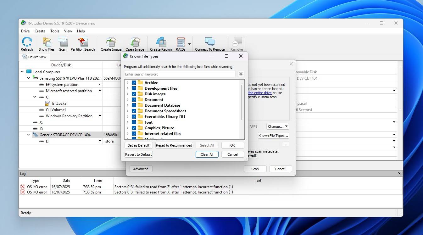 Choosing what file types to find.