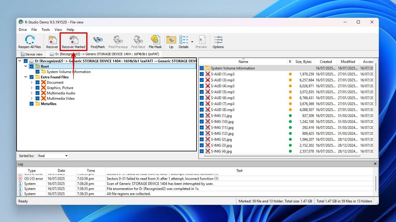 Recovering the marked files.