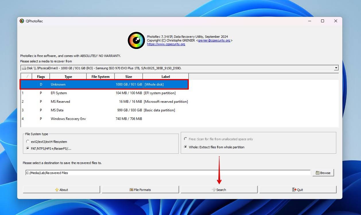 Searching the formatted disk.
