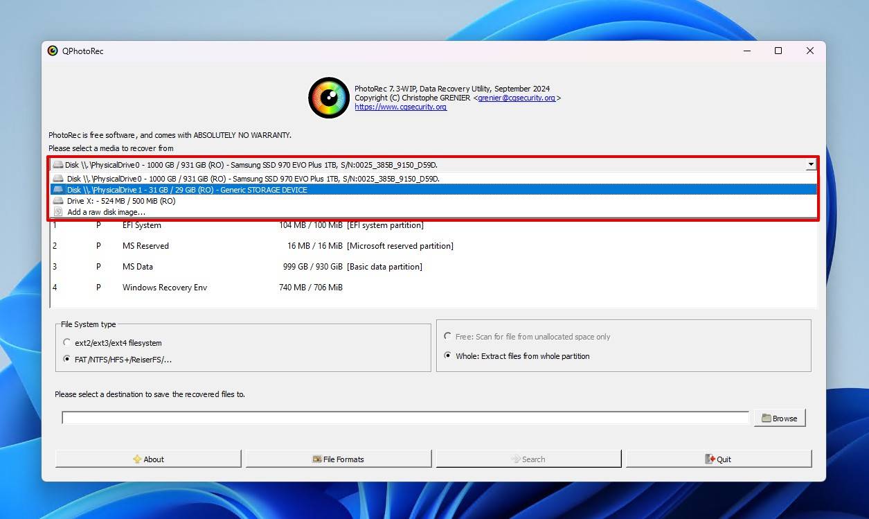Selecting the formatted drive.