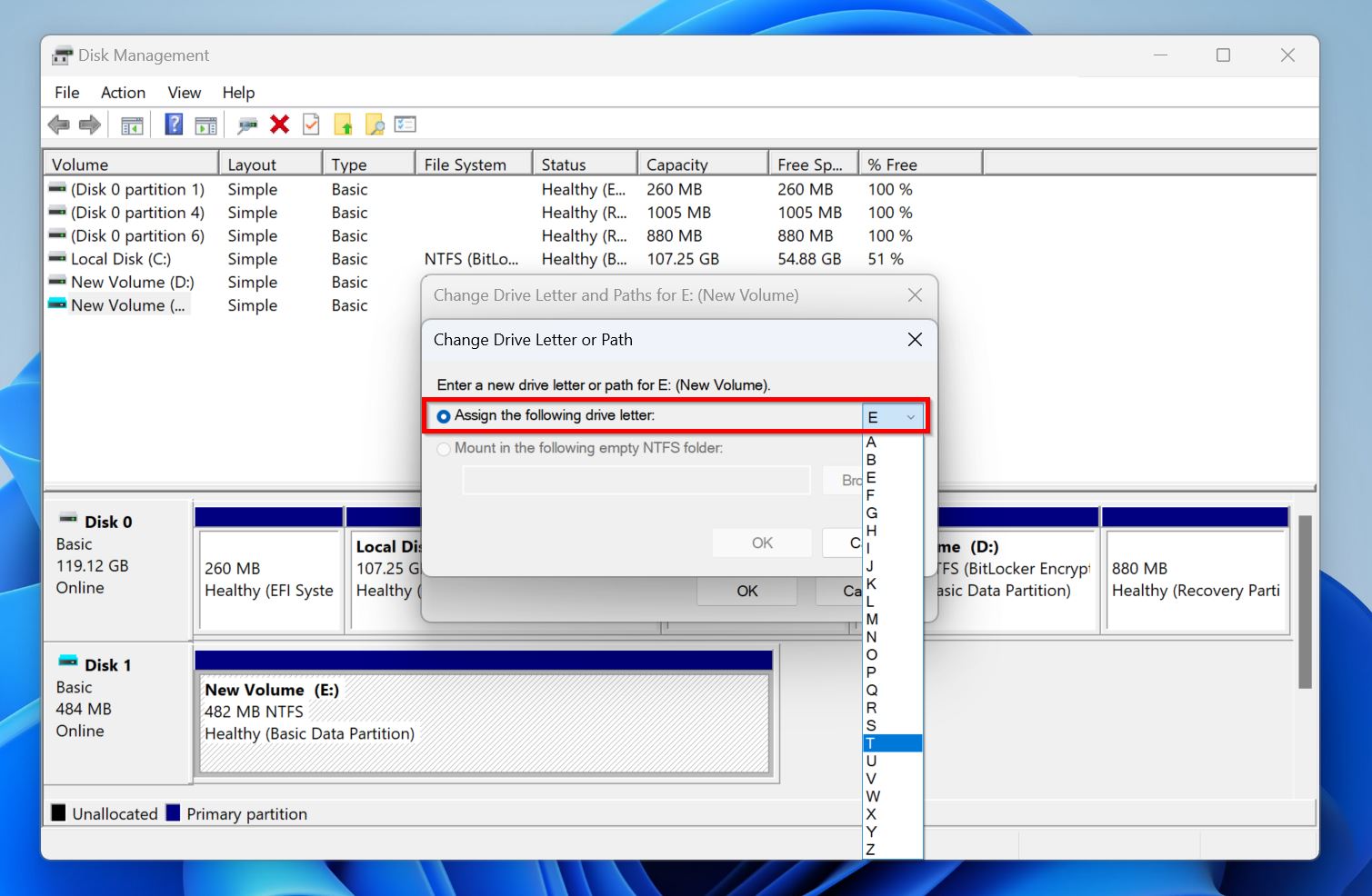 Choose drive letter drop-down menu in Disk Management.