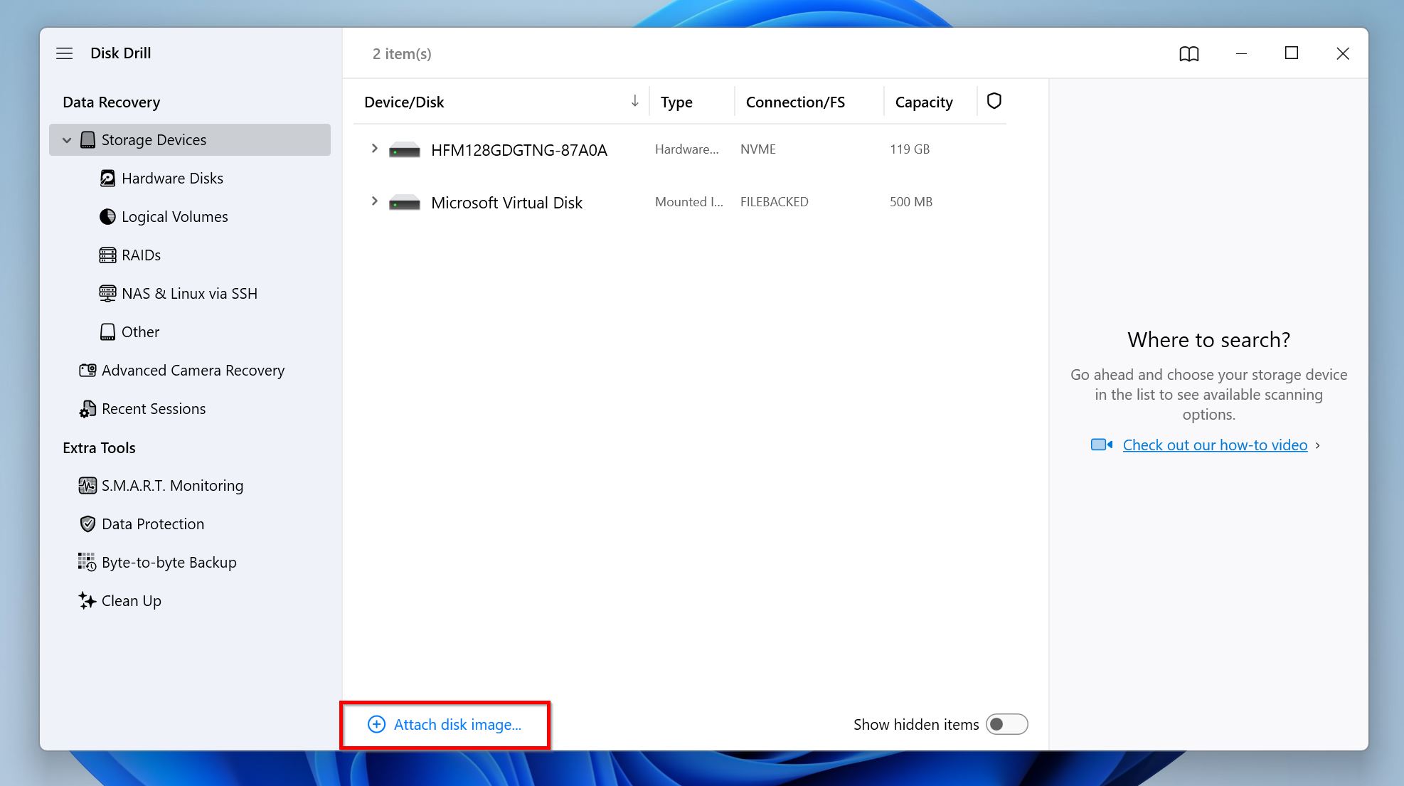 Attach disk image option in Disk Dril.