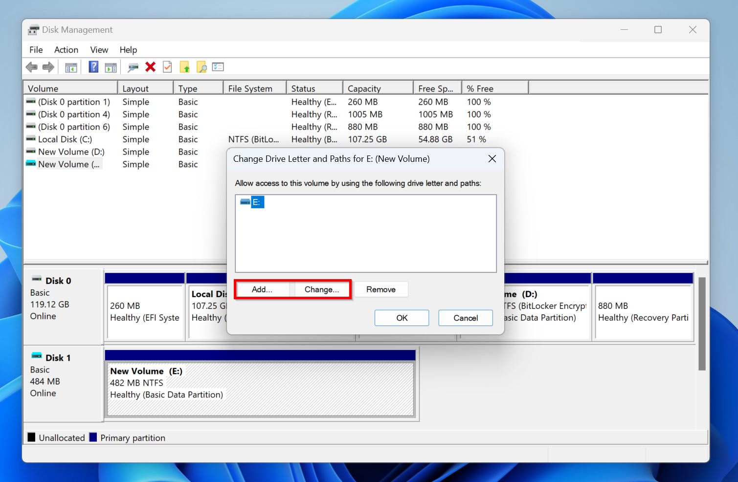 Add or Change Drive Letter prompt in Disk Management.
