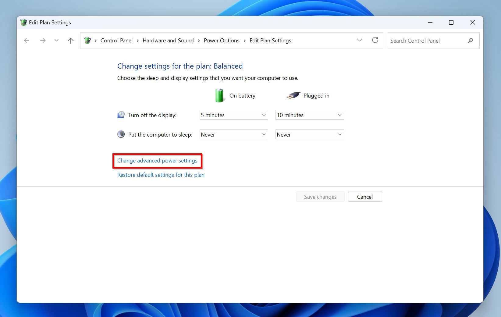 Change advanced power settings option.