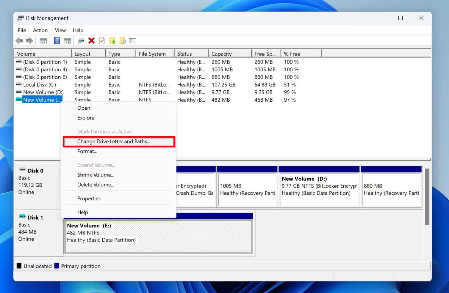 Change drive letter and paths option in Disk Management,
