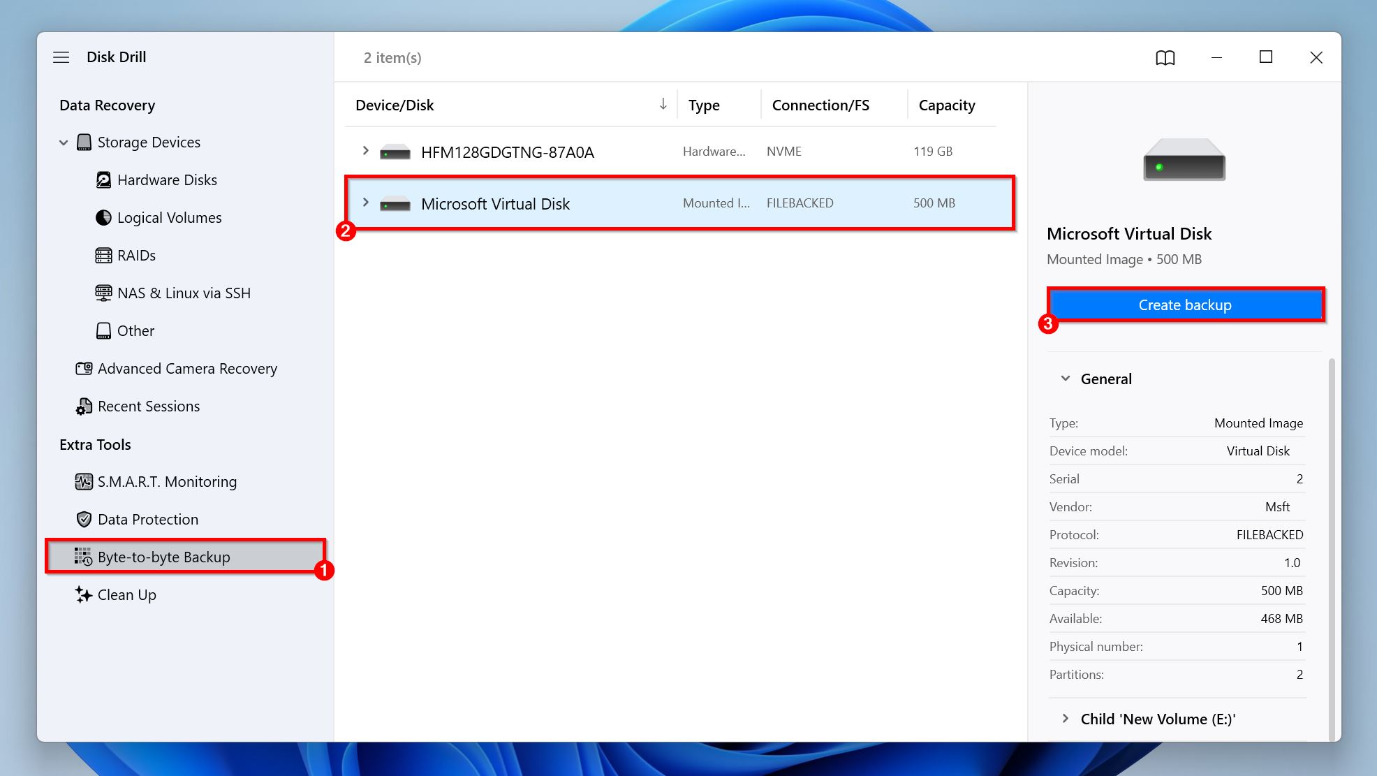 Byte-to-byte Backup screen in Disk Drill.
