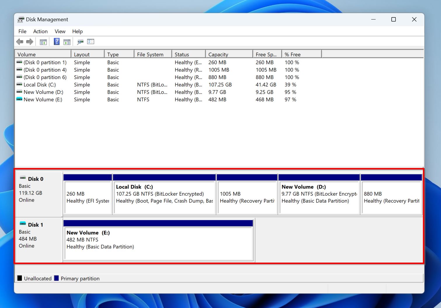 Disk Management home screen.