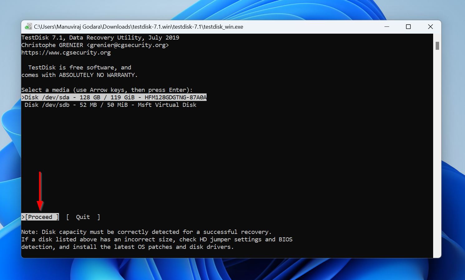 Drive selection screen in TestDisk.