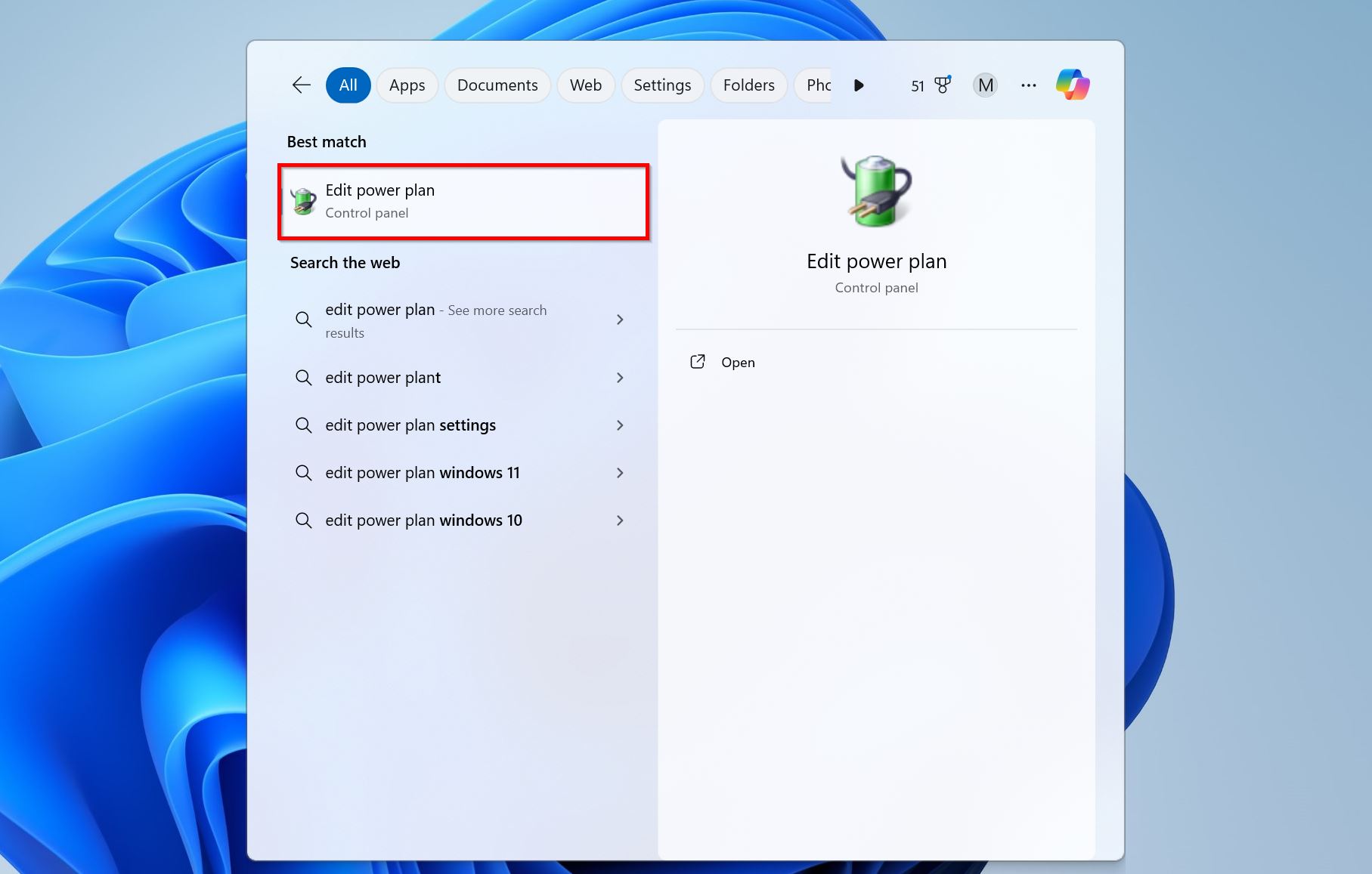 Edit power plan option in Windows Search.