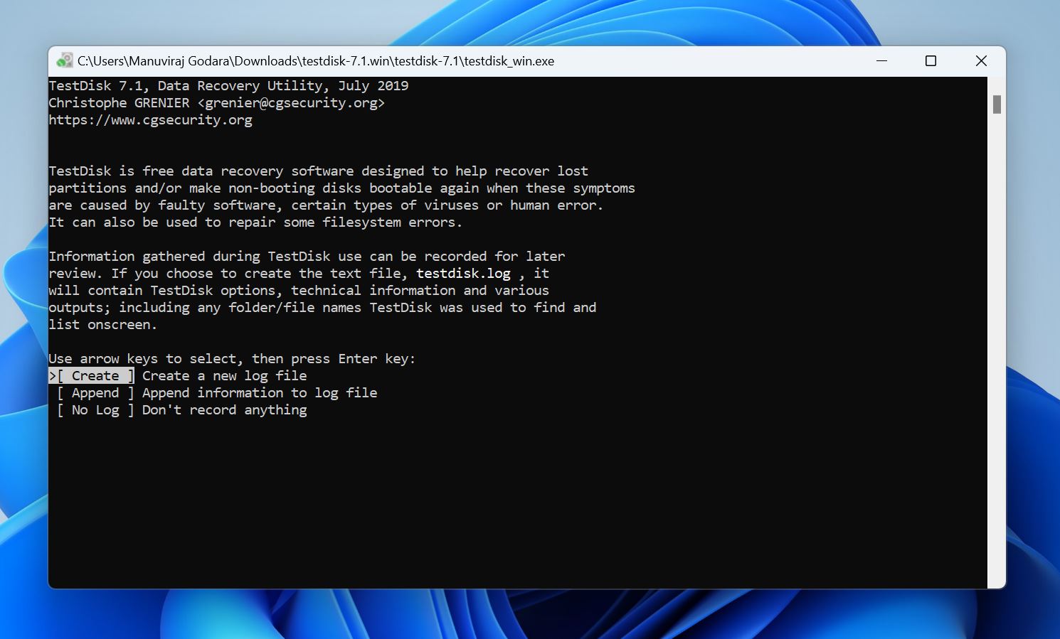 Log creation screen in TestDisk.