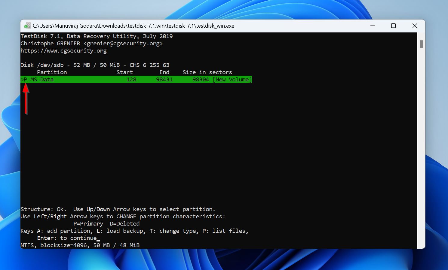 Found partitions list in TestDisk.