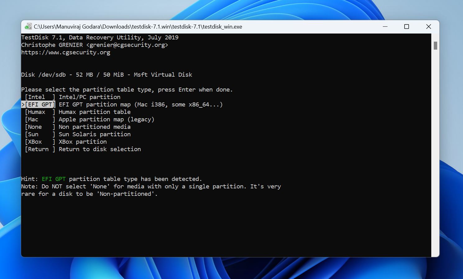 Partition table selection screen in TestDisk.
