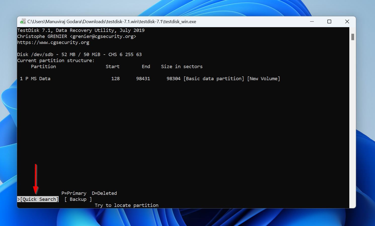 Quick search option in TestDisk.